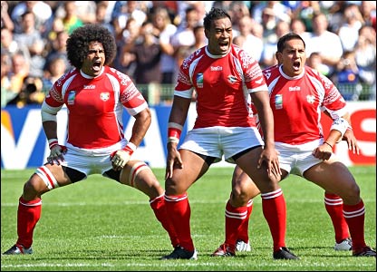 Tongan rugby players performing the Sipi Tau